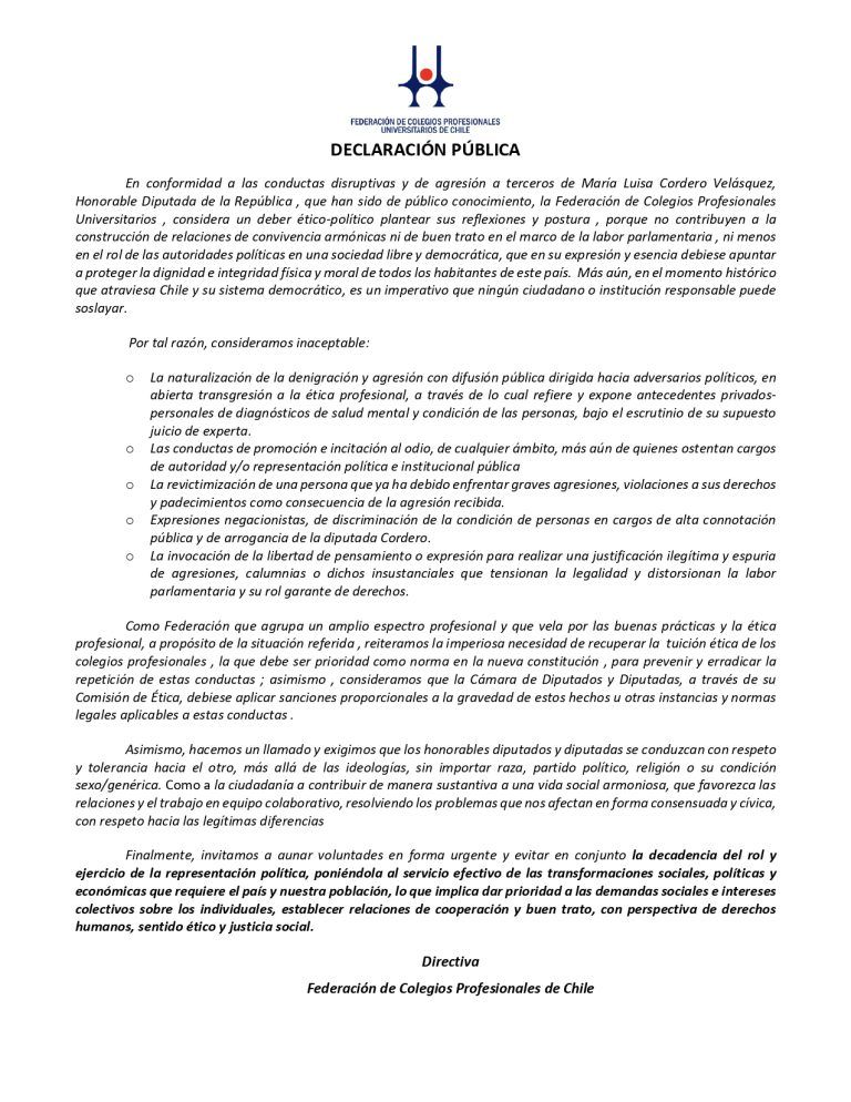 Chile necesita un dialogo político serio, responsable, democrático y ético